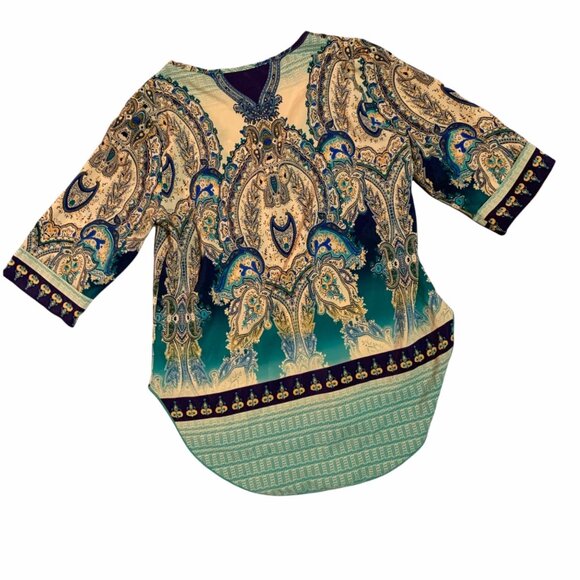 Renee C Boho Boho Blues Paisley 3/4 Sleeve Top S - Picture 4 of 4